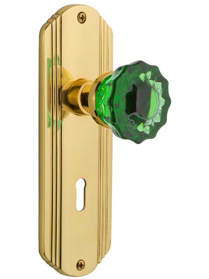 Streamline Deco Mortise Lock Set with Colored Fluted Crystal Glass Knobs Emerald in Polished Brass.